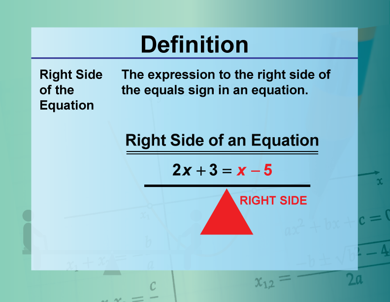 Right Side of the Equation. The expression to the right side of the equals sign in an equation.