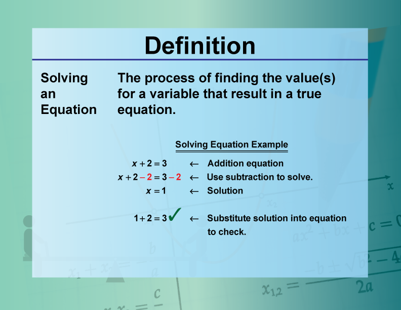 Solving an Equation. The process of finding the value(s) for a variable that result in a true equation.