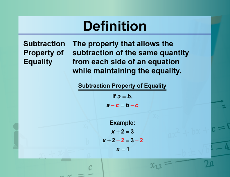 Subtraction Property of Equality. The property that allows the subtraction of the same quantity from each side of an equation while maintaining the equality.