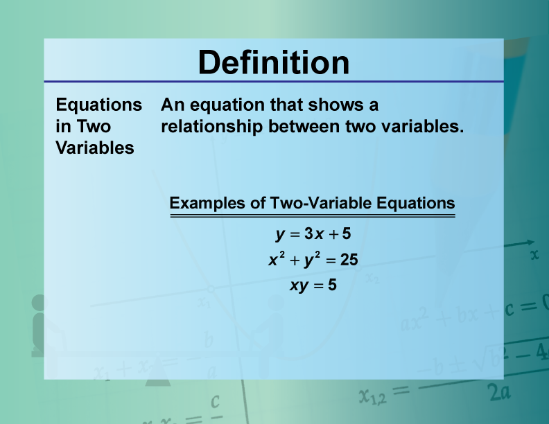 Equations in Two Variables. An equation that shows a relationship between two variables.