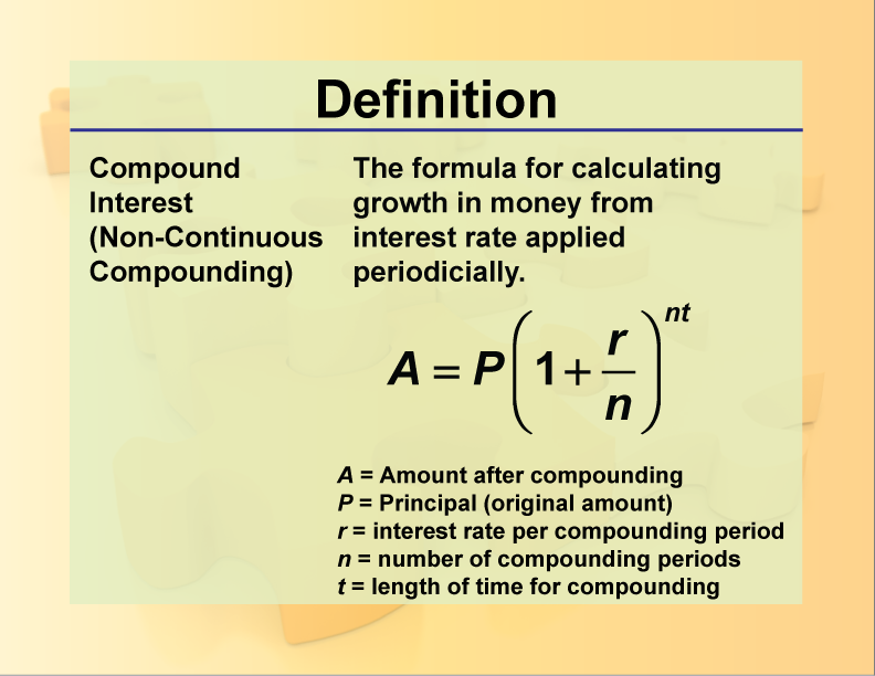 Compound Interest (Non-Continuous Compounding). The formula for calculating growth in money from interest rate applied periodicially.