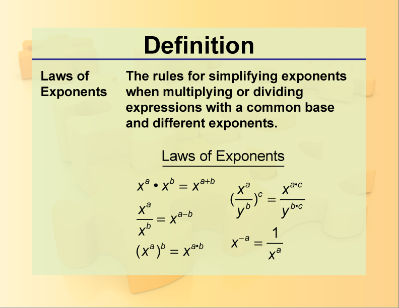 Laws of Exponents. The rules for simplifying exponents when multiplying or dividing expressions with a common base and different exponents.