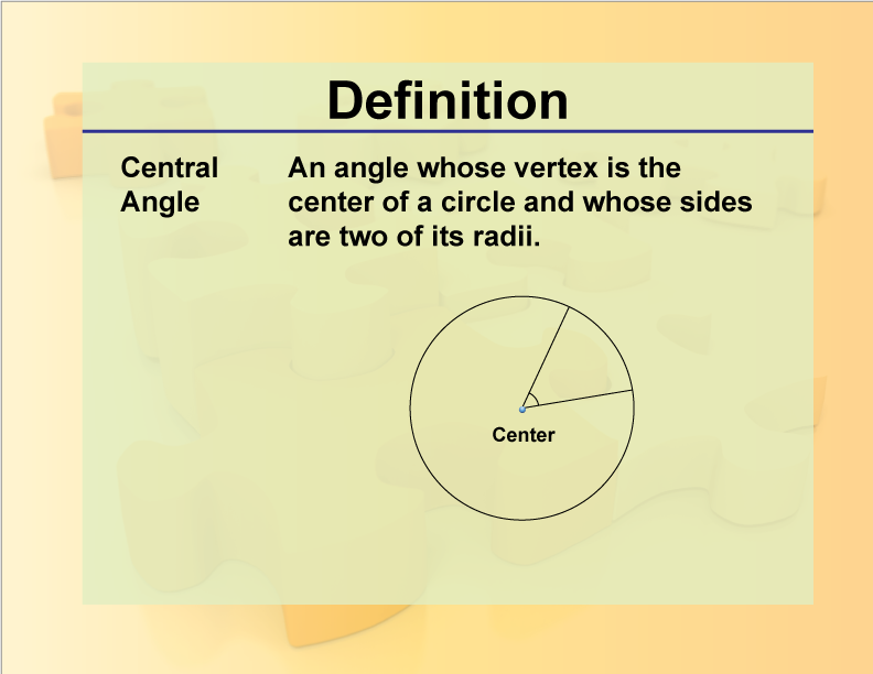 Central Angle. An angle whose vertex is the center of a circle and whose sides are two of its radii.