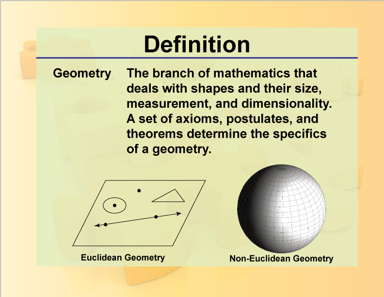 Geometry. The branch of mathematics that deals with shapes and their size, measurement, and dimensionality. A set of axioms, postulates, and theorems determine the specifics of a geometry.