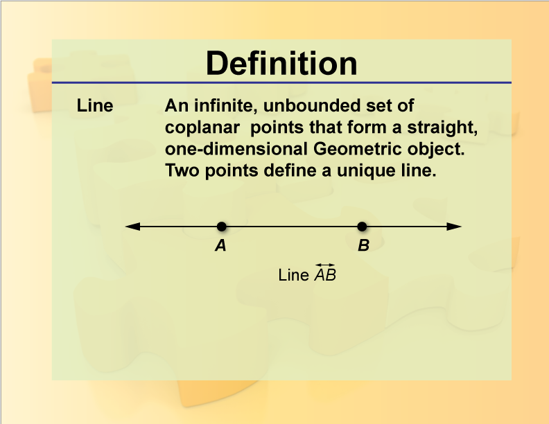Line. An infinite, unbounded set of coplanar points that form a straight, one-dimensional Geometric object. Two points define a unique line.