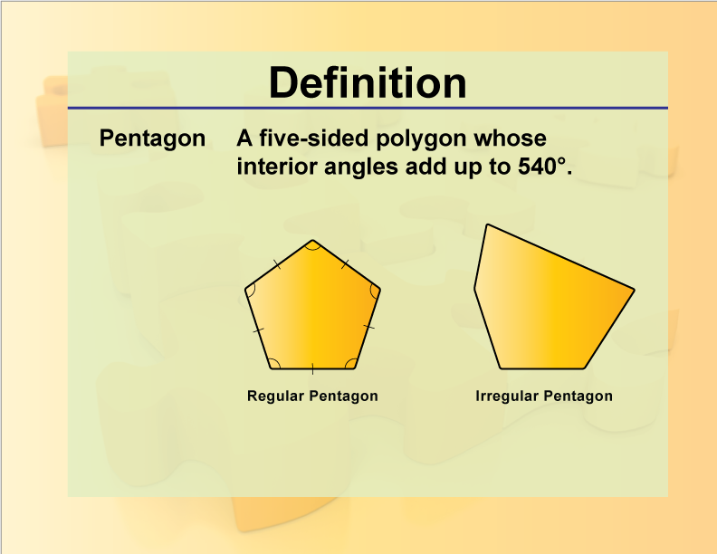 Pentagon. A five-sided polygon whose interior angles add up to 540°.