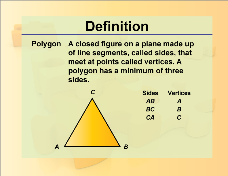 Polygon. A closed figure on a plane made up of line segments, called sides, that meet at points called vertices. A polygon has a minimum of three sides.