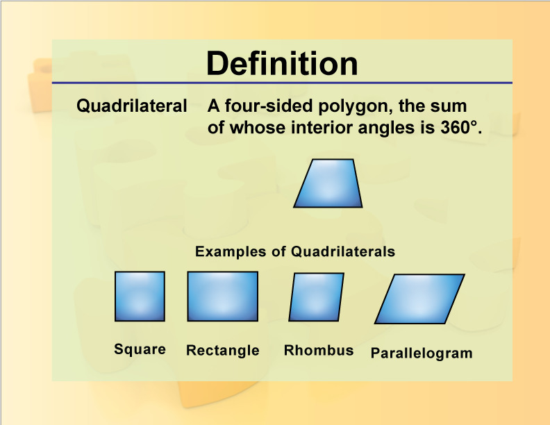 Quadrilateral. A four-sided polygon, the sum of whose interior angles is 360°.