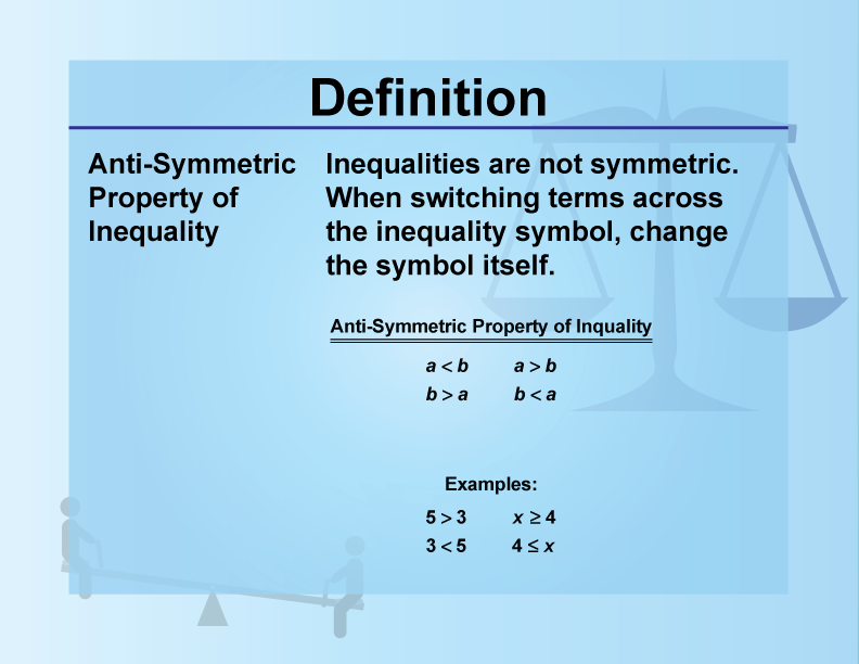Anti-Symmetric Property of Inequality. Inequalities are not symmetric. When switching terms across the inequality symbol, change the symbol itself.