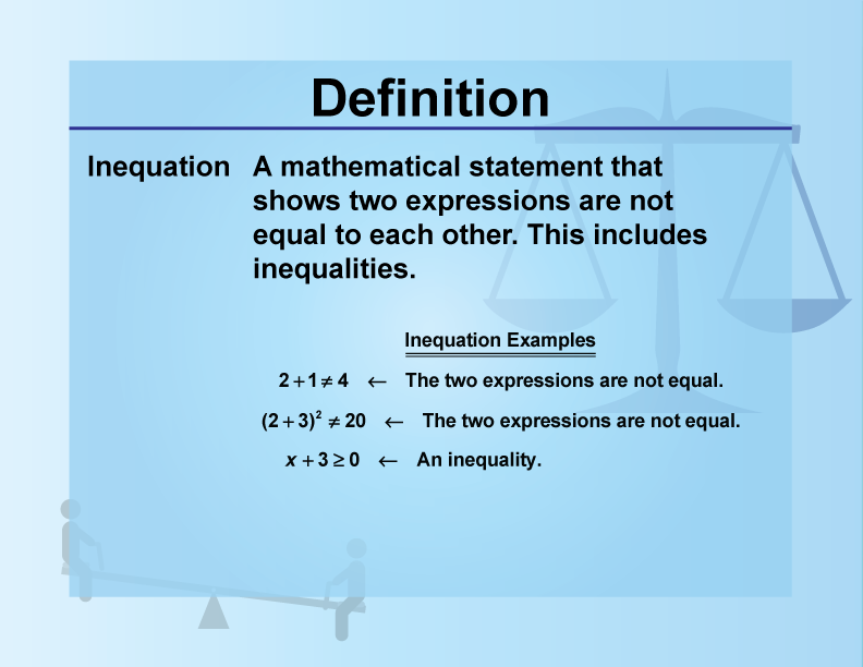 Inequation. A mathematical statement that shows two expressions are not equal to each other. This includes inequalities.