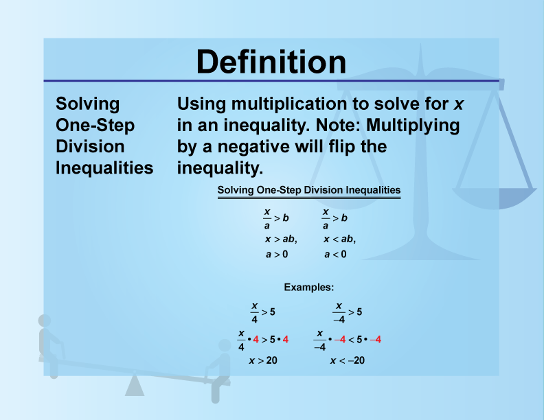 Solving One-Step Division Inequalities. Using multiplication to solve for x in an inequality. Note: Multiplying by a negative will flip the inequality.