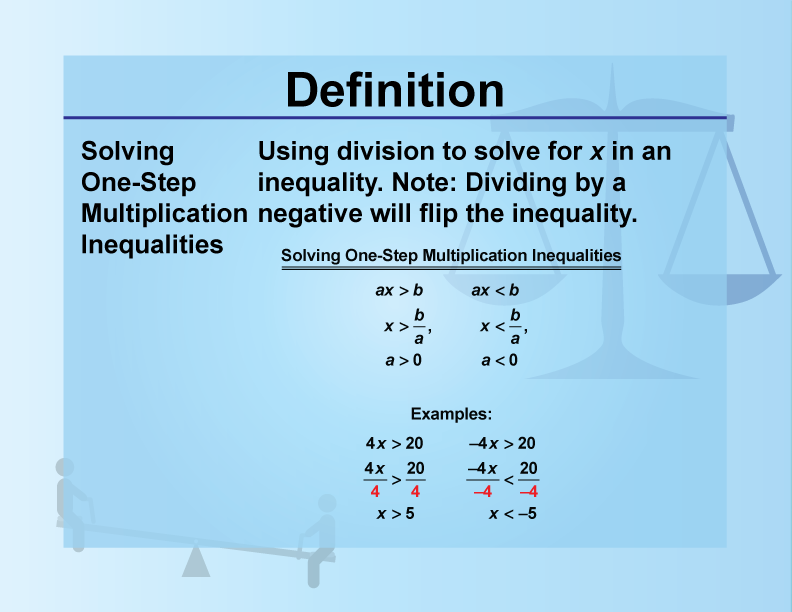 Solving One-Step Multiplication Inequalities. Using division to solve for x in an inequality. Note: Dividing by a negative will flip the inequality.