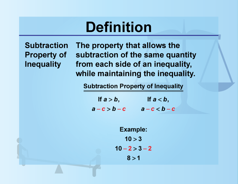 Subtraction Property of Inequality. The property that allows the subtraction of the same quantity from each side of an inequality, while maintaining the inequality.