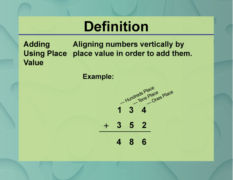 Adding Using Place Value. Aligning numbers vertically by place value in order to add them.