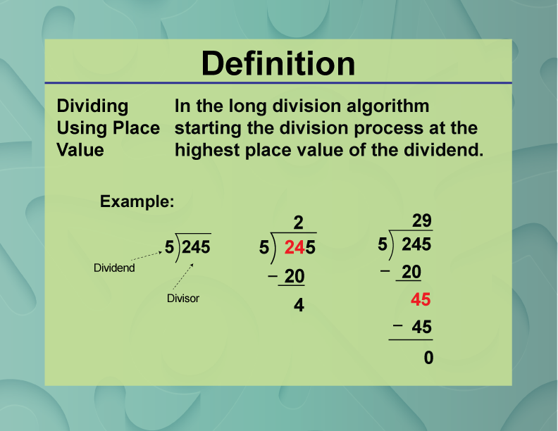 Dividing Using Place Value. In the long division algorithm starting the division process at the highest place value of the dividend.