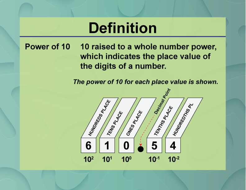 Power of 10. 10 raised to a whole number power, which indicates the place value of the digits of a number.