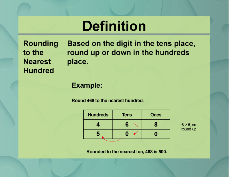 Rounding to the Nearest Hundred. Based on the digit in the tens place, round up or down in the hundreds place.