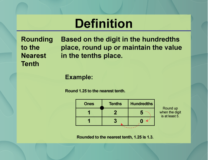 Rounding to the Nearest Tenth. Based on the digit in the hundredths place, round up or maintain the value in the tenths place.