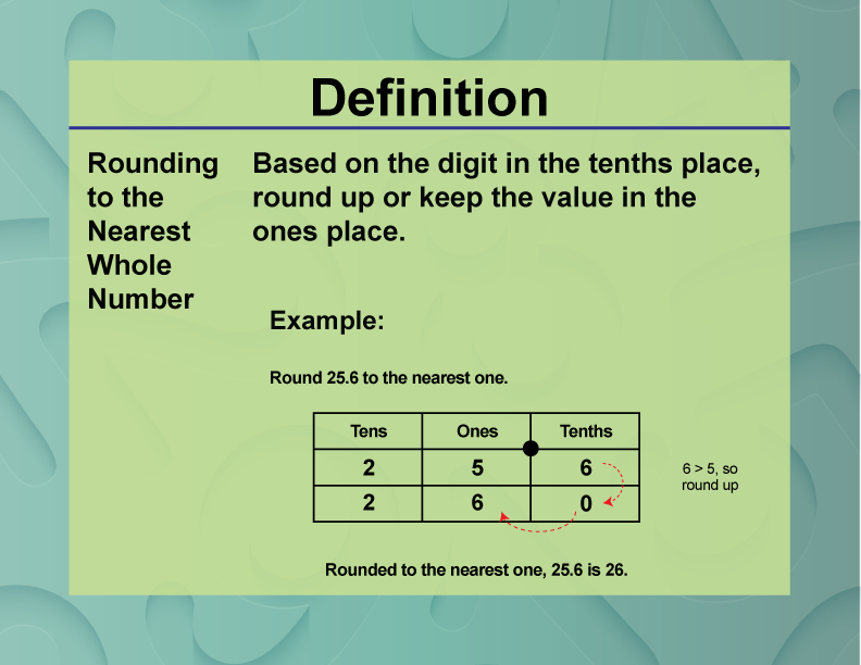 Rounding to the Nearest Whole Number. Based on the digit in the tenths place, round up or keep the value in the ones place.