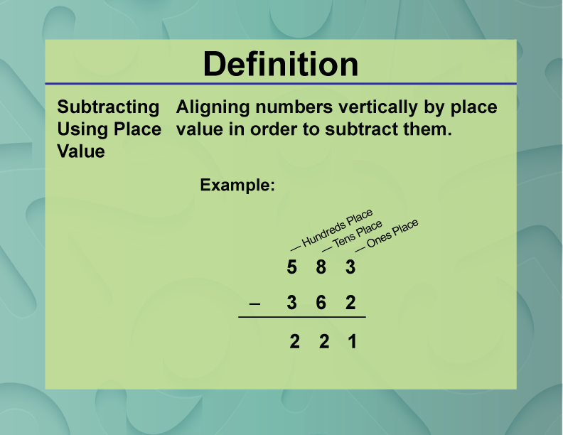 Subtracting Using Place Value. Aligning numbers vertically by place value in order to subtract them.
