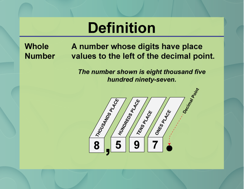 Whole Number. A number whose digits have place values to the left of the decimal point.