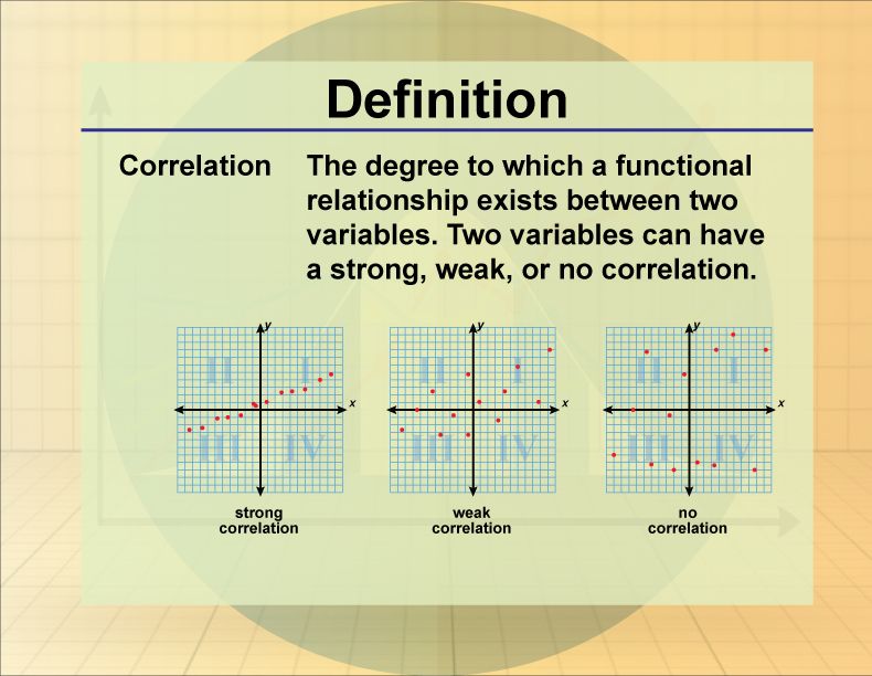 Correlation. The degree to which a functional relationship exists between two variables. Two variables can have a strong, weak, or no correlation.