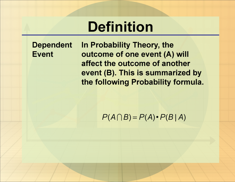 Dependent Event. In Probability Theory, the outcome of one event (A) will affect the outcome of another event (B). This is summarized by the following Probability formula.