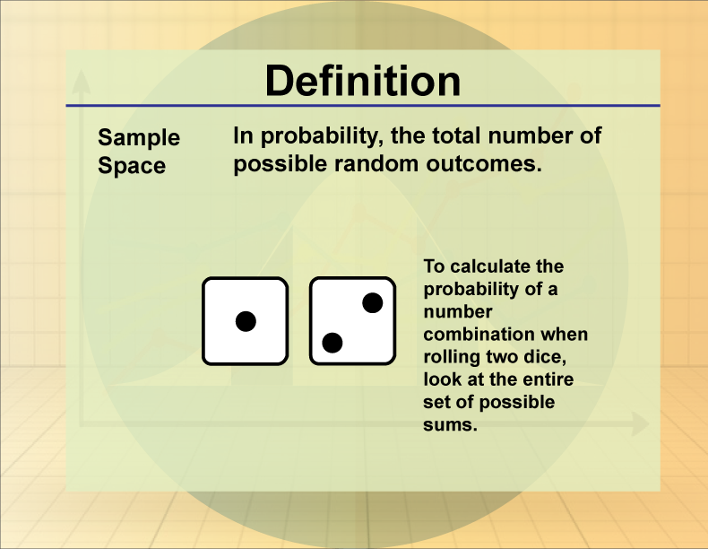 Sample Space. In probability, the total number of possible random outcomes.