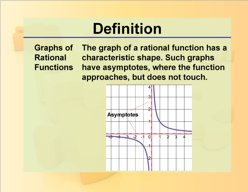 Graphs of Rational Functions. The graph of a rational function has a characteristic shape. Such graphs have asymptotes, where the function approaches, but does not touch.