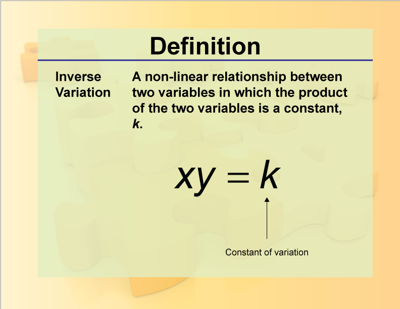 Inverse Variation. A non-linear relationship between two variables in which the product of the two variables is a constant, k.