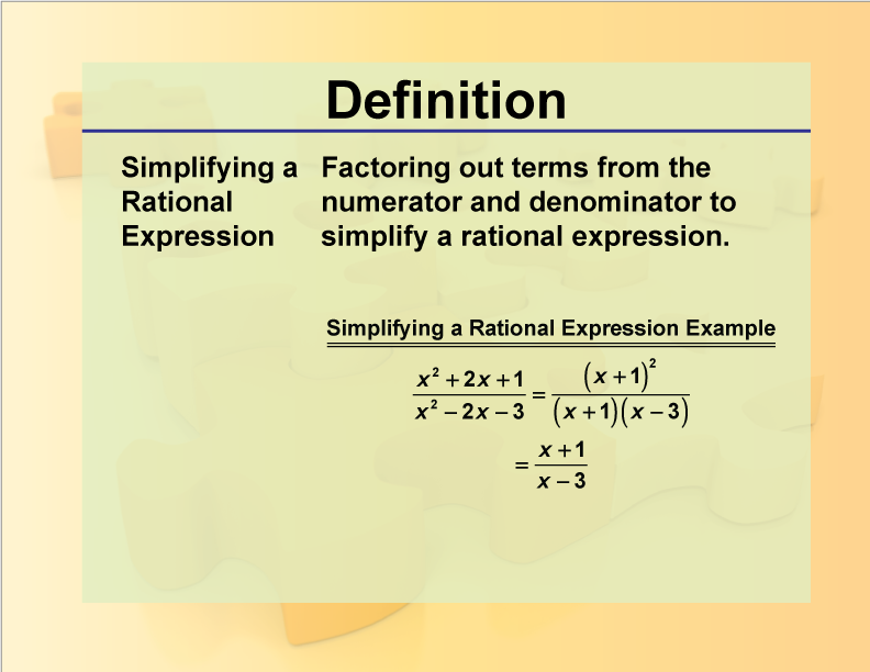 Simplifying a Rational Expression. Factoring out terms from the numerator and denominator to simplify a rational expression.