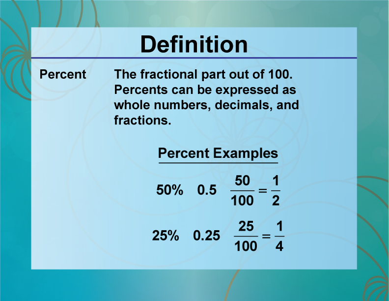 Percent. The fractional part out of 100. Percents can be expressed as whole numbers, decimals, and fractions.