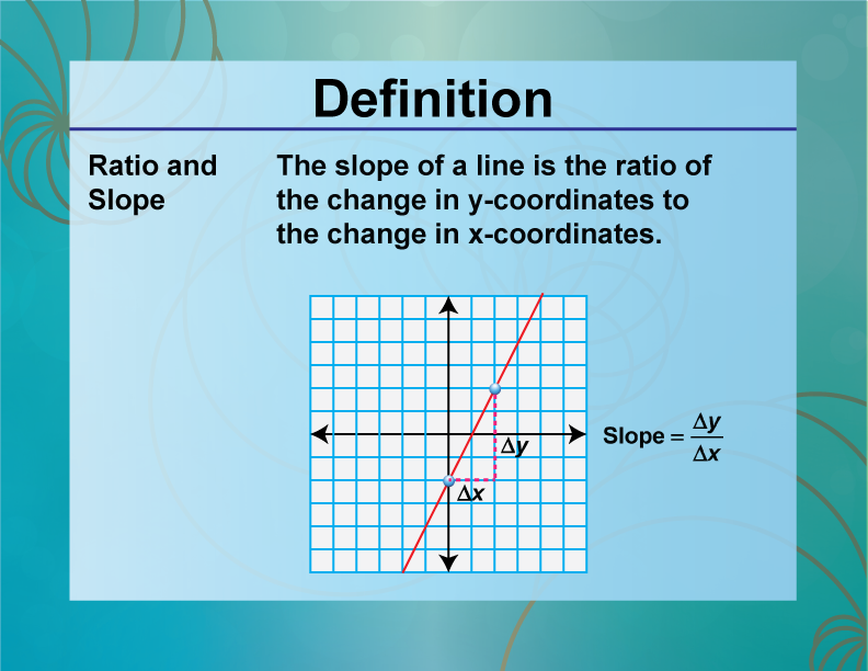 Ratio and Slope. The slope of a line is the ratio of the change in y-coordinates to the change in x-coordinates.