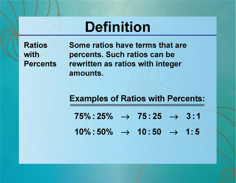 Ratios with Percents. Some ratios have terms that are percents. Such ratios can be rewritten as ratios with integer amounts.