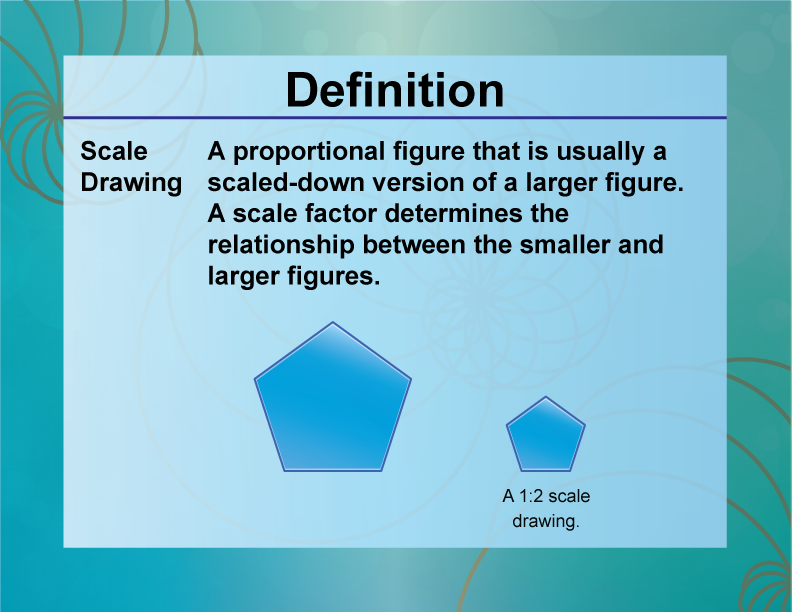 Scale Drawing. A proportional figure that is usually a scaled-down version of a larger figure. A scale factor determines the relationship between the smaller and larger figures.