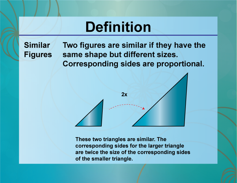 Similar Figures. Two figures are similar if they have the same shape but different sizes. Corresponding sides are proportional.