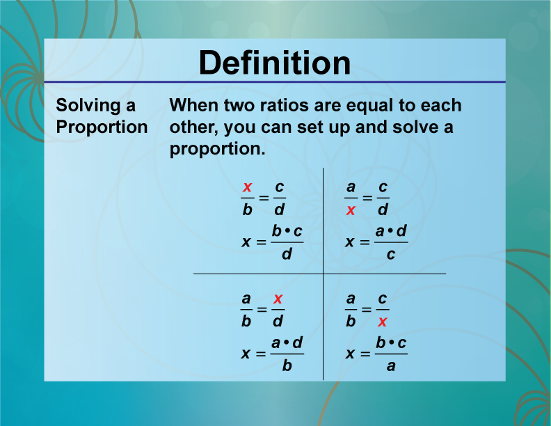 Solving a Proportion. When two ratios are equal to each other, you can set up and solve a proportion.