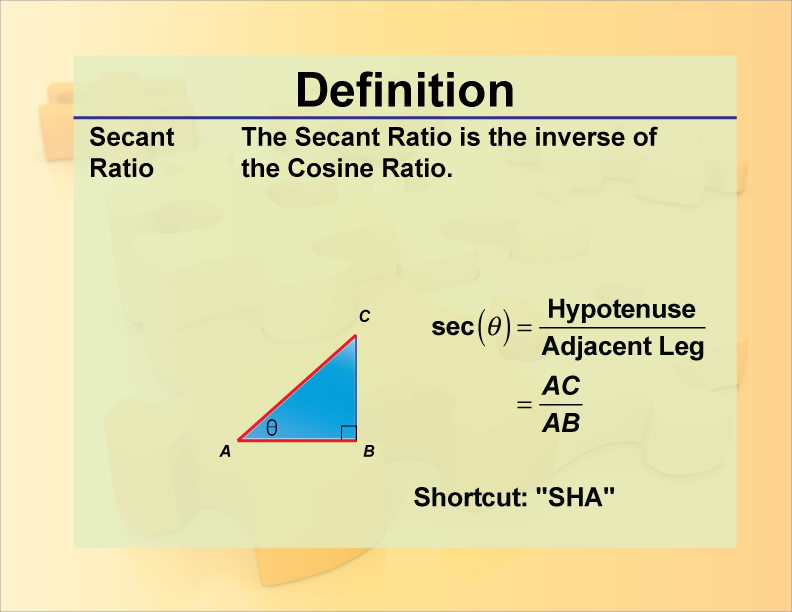 Secant Ratio. The Secant Ratio is the inverse of the Cosine Ratio.