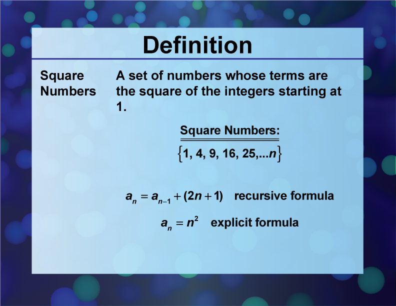 Square Numbers. A set of numbers whose terms are the square of the integers starting at 1.