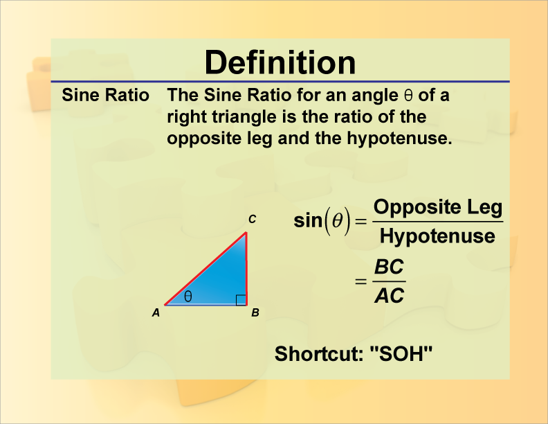 Sine Ratio. The Sine Ratio for an angle theta of a right triangle is the ratio of the opposite leg and the hypotenuse.