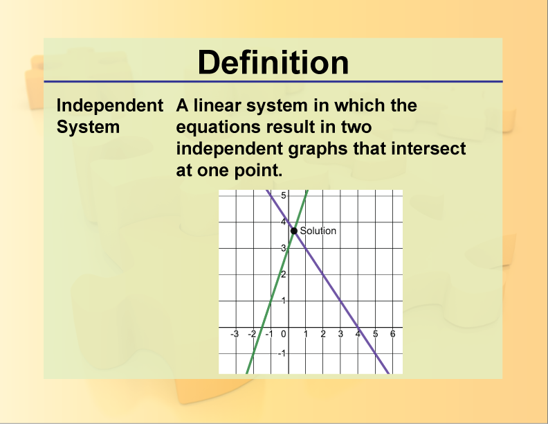 Independent System. A linear system in which the equations result in two independent graphs that intersect at one point.