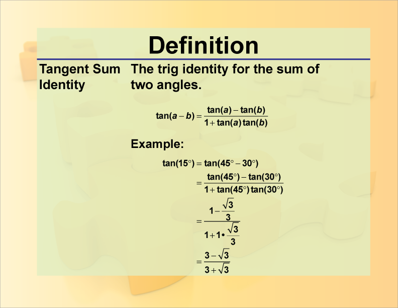 Tangent Sum Identity. The trig identity for the sum of two angles.
