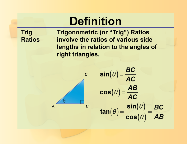 Trig Ratios. Trigonometric (or Trig) Ratios involve the ratios of various side lengths in relation to the angles of right triangles.