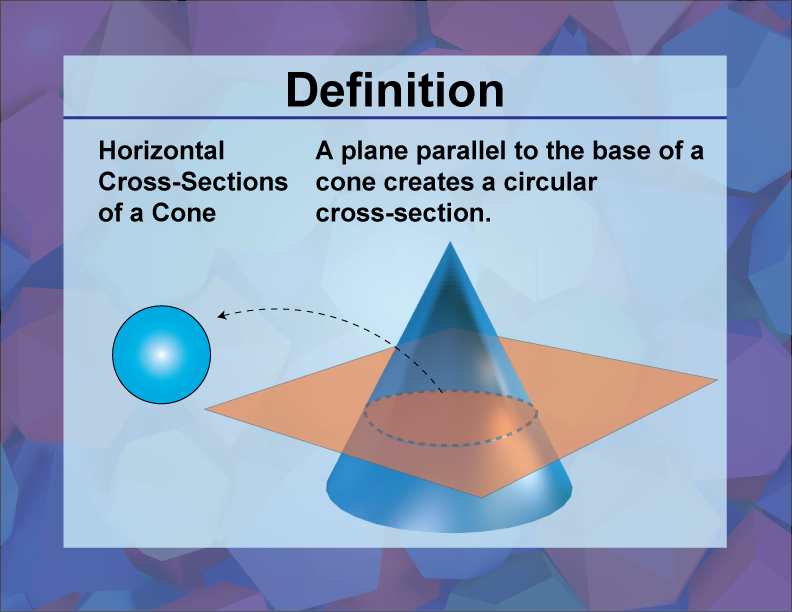 Horizontal Cross-Sections of a Cone. A plane parallel to the base of a cone creates a circular cross-section.