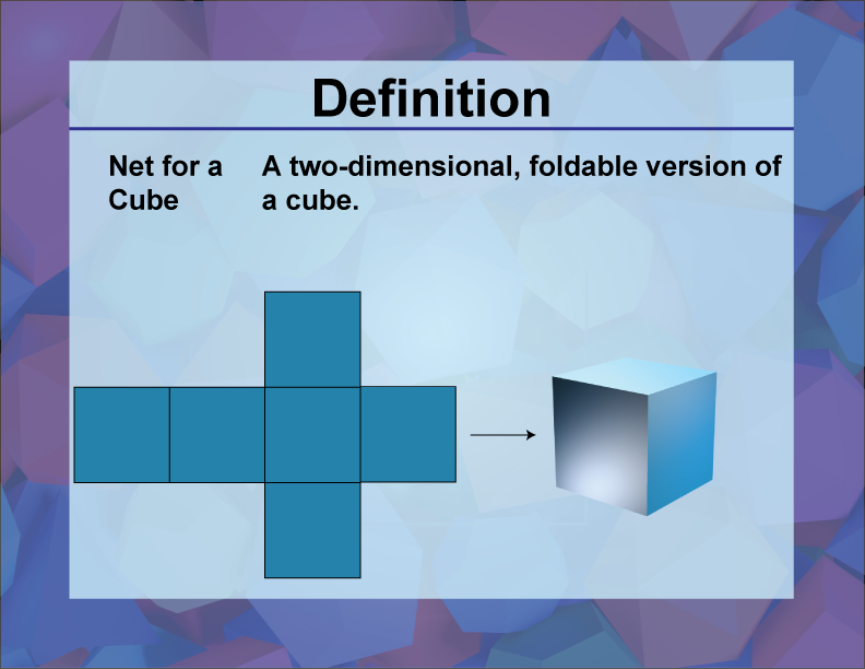 Net for a Cube. A two-dimensional, foldable version of a cube.