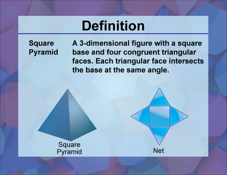 Square Pyramid. A 3-dimensional figure with a square base and four congruent triangular faces. Each triangular face intersects the base at the same angle.
