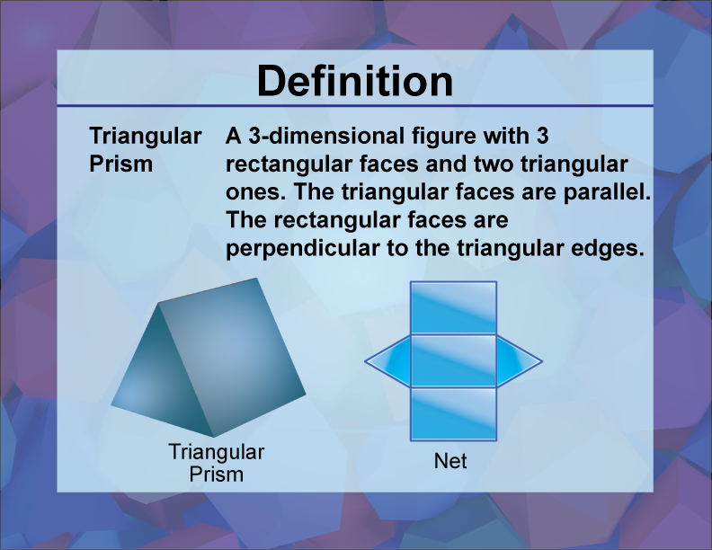 Triangular Prism. A 3-dimensional figure with 3 rectangular faces and two triangular ones. The triangular faces are parallel. The rectangular faces are perpendicular to the triangular edges.