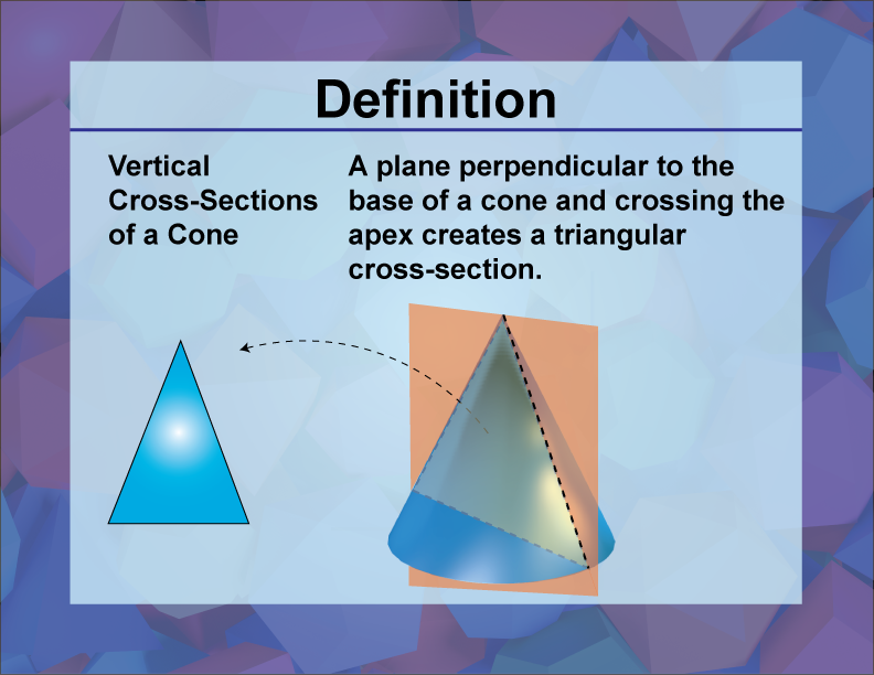 Vertical Cross-Sections of a Cone. A plane perpendicular to the base of a cone and crossing the apex creates a triangular cross-section