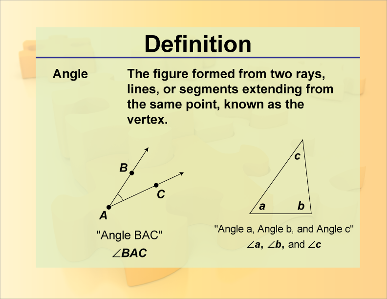 Angle. The figure formed from two rays, lines, or segments extending from the same point, known as the vertex.