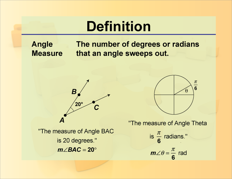 Angle Measure. The number of degrees or radians that an angle sweeps out